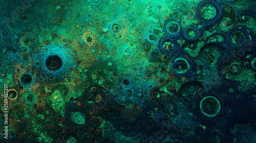Abstract green textured background with organic circular patterns and grunge details