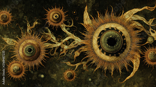 Surreal abstract art with organic eye-like sunflower structures in dark green tones