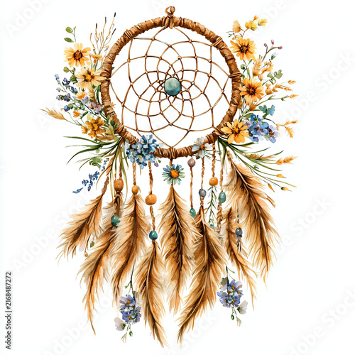 Colorful Dreamcatcher with Flowers and Feathers for Home Décor