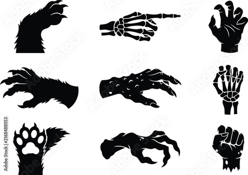 Black monster hands vector halloween creature limbs collection on transparent background.