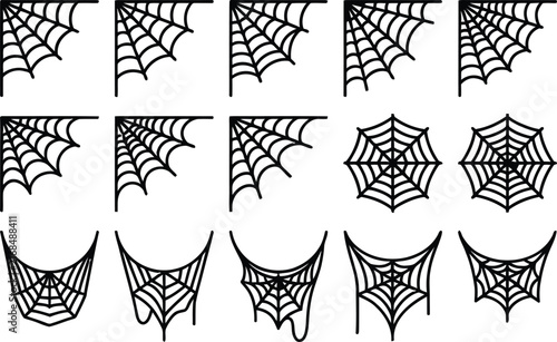 Cobweb corner elements and spider web patterns for spooky halloween holiday graphic design.