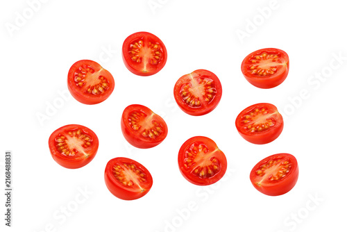 Fotografie Fresh red tomato halves arranged on a clean white background, showing juicy pulp, seeds, and natural cut surfaces for food, cooking, and healthy eating concepts