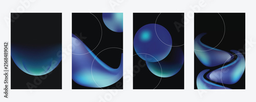 Abstract dark blue fluid poster cover template vector set with glowing 3D liquid shapes and fine geometric circle lines. Futuristic modern gradient layout for digital business flyer and brochure.
