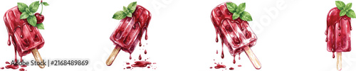 Sweet cherry popsicle with dripping red syrup and mint leaf illustration, vector watercolor style isolated on white
