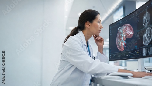Female doctor analyzing medical organ scan on computer screen