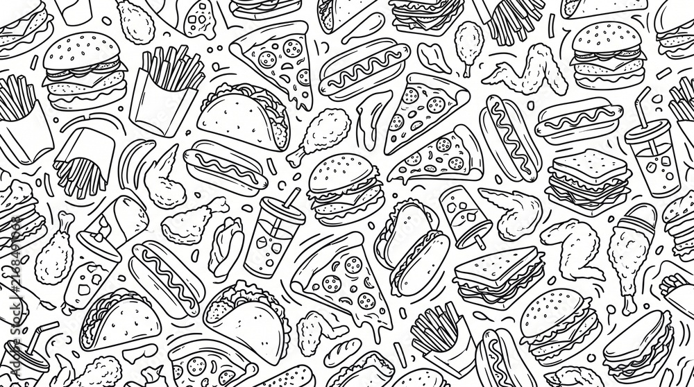 Fototapeta premium Fast Food Line Art Vector Icon Set Collection