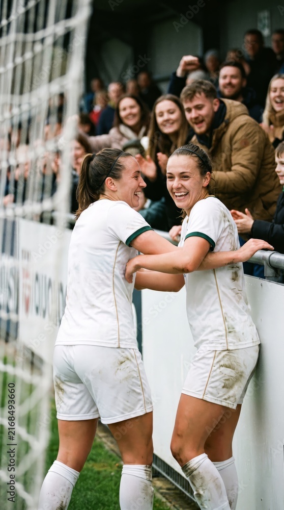 Fototapeta premium Female teammates embrace beside goal after scoring for fans. Concept of teamwork, women in sport, fan connection and match celebration.