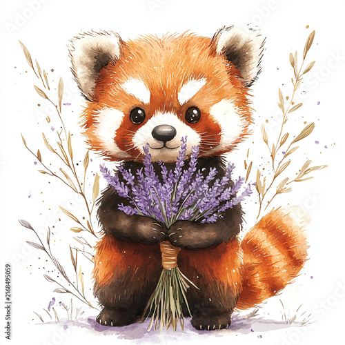 Cute red panda holding lavender bouquet in enchanting forest setting