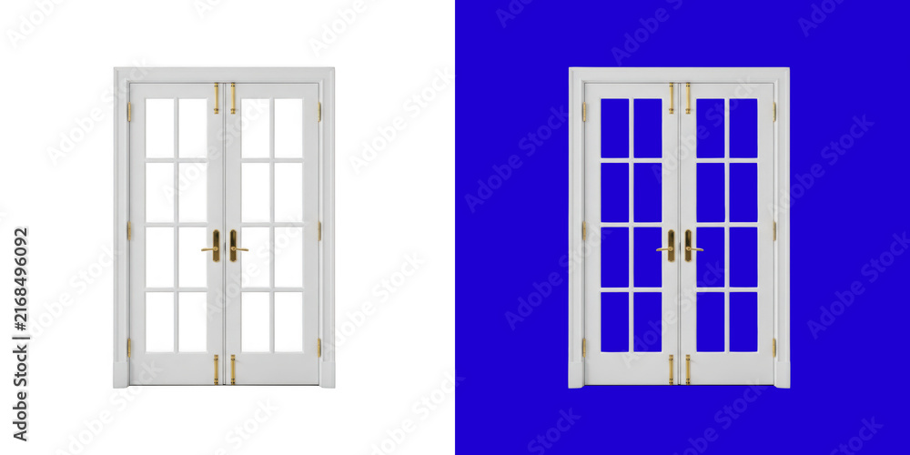 Fototapeta premium Classic white double doors with glass panels and gold handles entry way transparent png