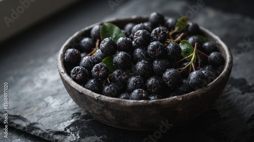 Black chokeberries in a rustic bowl on a dark stone surface  