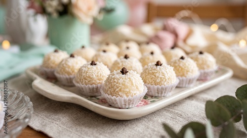 Sweet coconut candies arranged on a decorative platter in a cozy setting  