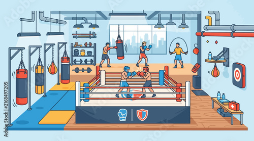 Pixel Art Illustration of a Boxing Gym Interior with Boxers Training in a Ring