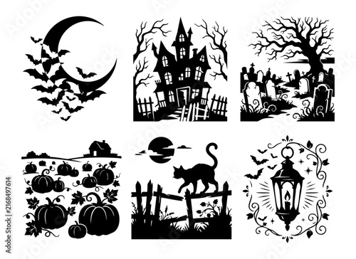 Set of six black and white Halloween silhouette illustrations featuring a haunted house pumpkin patch graveyard black cat moon with bats and vintage lantern.