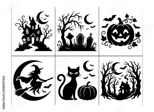 Halloween silhouette stencil designs featuring haunted house graveyard pumpkin witch flying on broomstick black cat and spooky forest cabin.