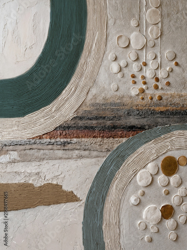 Fotografía Tidal Convergence - Sweeping, combed arcs in deep teal, muted sage, and warm off-white frame the composition, mirroring orbital motions or natural water currents