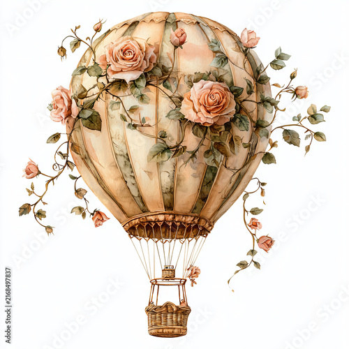 Vintage Hot Air Balloon with Floral Design and Elegant Roses