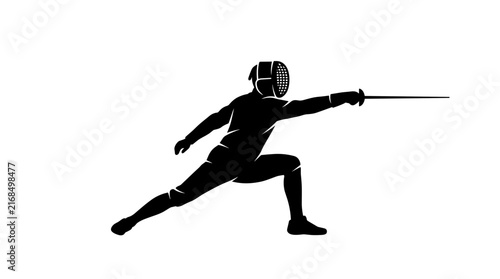 Silhouette of a fencer in action with sword extended.