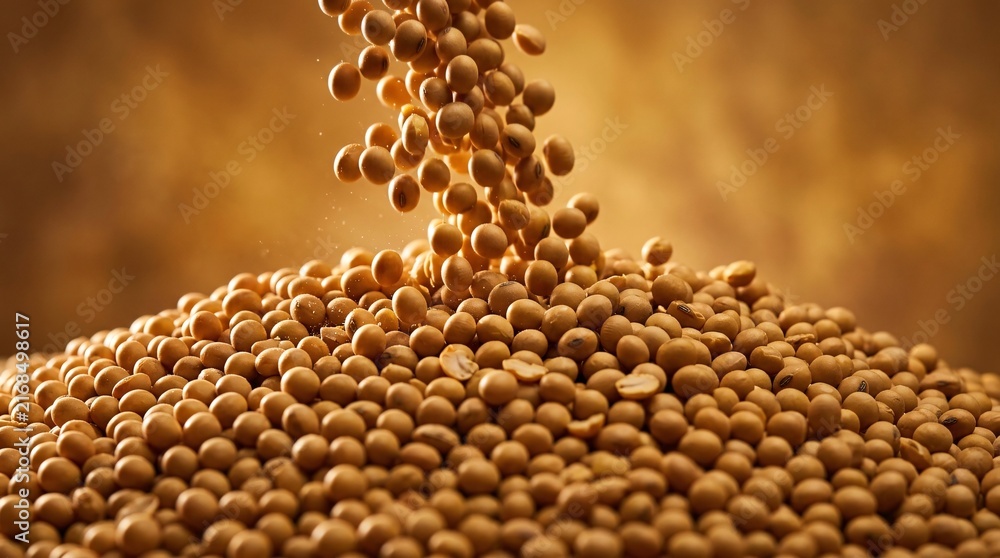 Obraz premium Golden mature soybeans cascade into a large rustic pile against a warm amber background, catching dramatic backlighting on every bean.