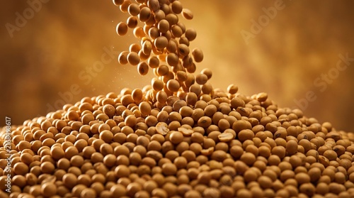 Golden mature soybeans cascade into a large rustic pile against a warm amber background, catching dramatic backlighting on every bean.