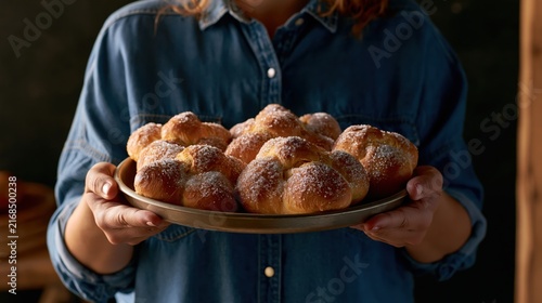 Woman in denim dress holding mexican bread of the dead Pan de muetros
