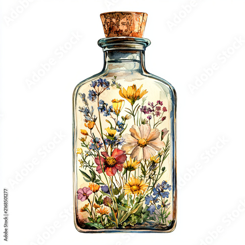 Vintage Glass Bottle with Colorful Flowers and Cork Stopper