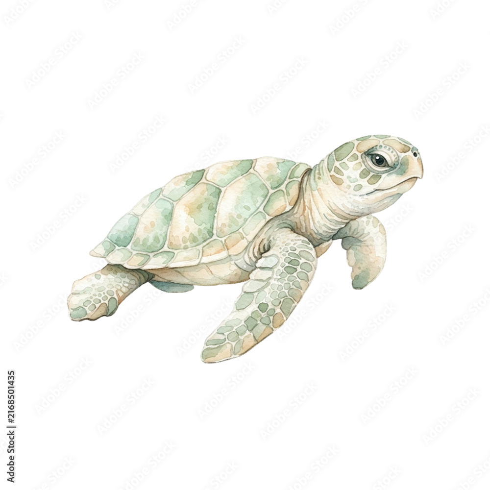 Fototapeta premium Cute baby sea turtle crawling watercolor illustration isolated on black background