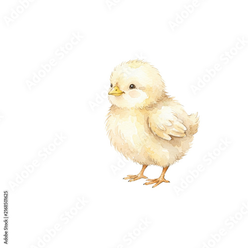 Cute fluffy baby chick standing watercolor illustration isolated on black background