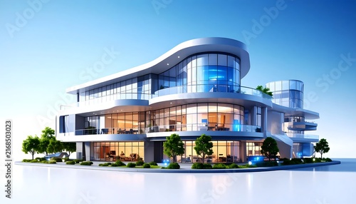Modern glass building with reflective surfaces and clear sky.