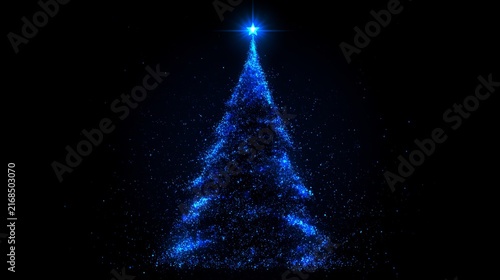 Abstract blue Christmas tree with glowing star and digital light particles against a dark winter background, creating a festive atmosphere for holiday celebrations and seasonal design