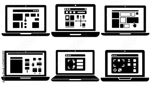 Laptop screens showing responsive website wireframes and layout mockups for web design, interface planning, and digital prototyping