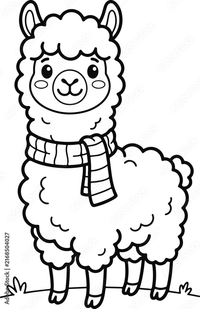 Naklejka premium Cute cartoon llama wearing a cozy striped scarf, vector illustration