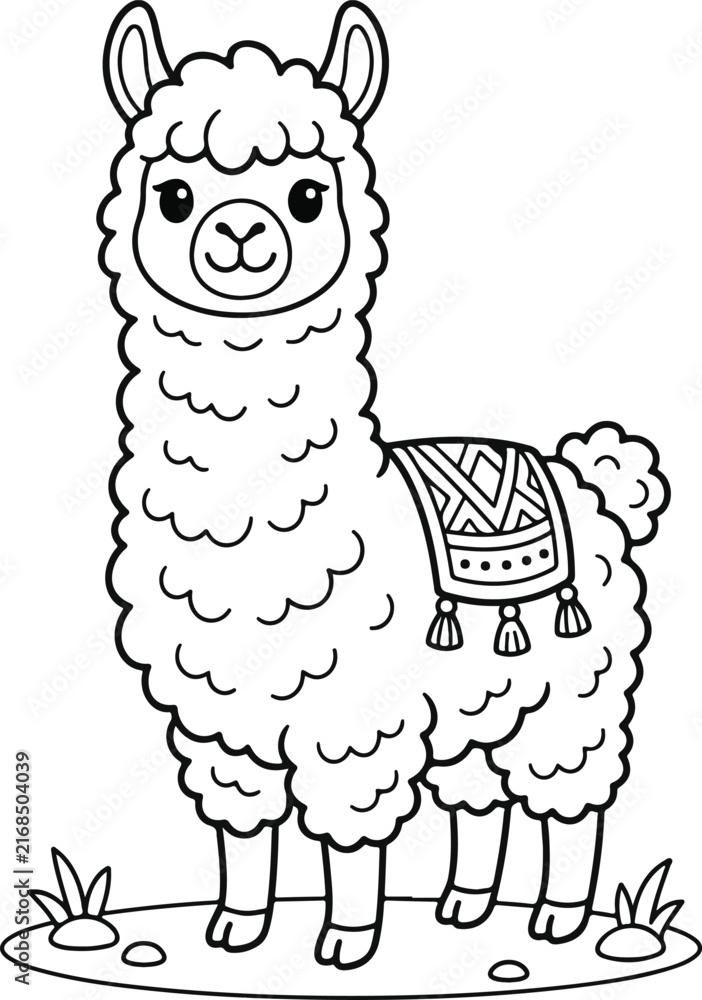 Naklejka premium Cute cartoon llama with a traditional patterned saddle, vector illustration