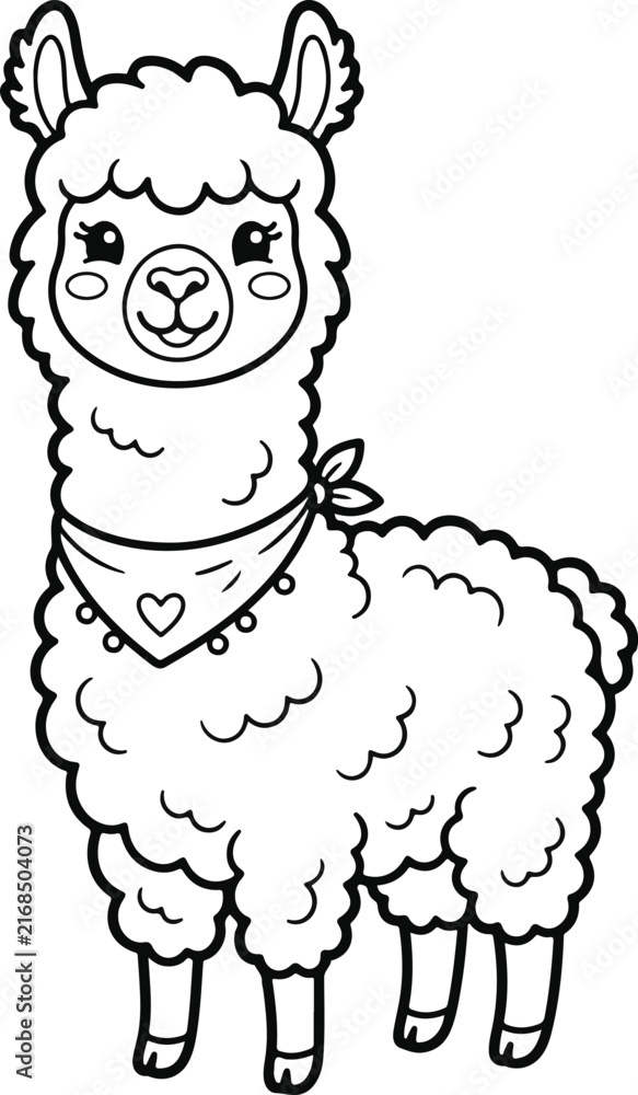 Naklejka premium Cute cartoon llama with a heart bandana, vector illustration
