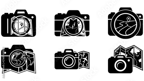 Travel photography camera icons with folded maps, location markers, airplane route symbols, and scenic navigation elements for adventure planning