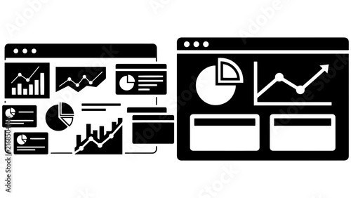 Dark analytics dashboard interface with charts, pie graphs, trend lines, and report panels for business data visualization