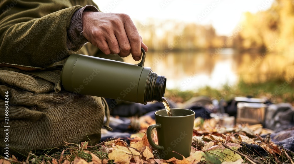 Fototapeta premium Young man pouring hot tea from a thermos at an autumn picnic, enjoying a warm outdoor moment surrounded by seasonal nature, relaxation, travel, camping, leisure, and cozy fall atmosphere