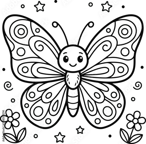 Cute cartoon butterfly coloring page for kids with flowers and stars