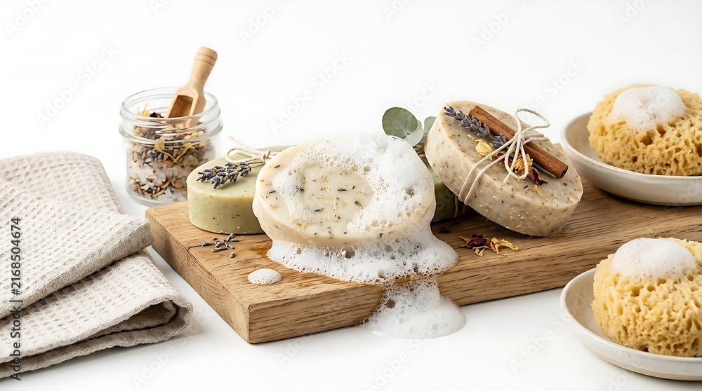 Fototapeta premium Artisanal soaps with floral infusions and natural ingredients presented on a wooden board