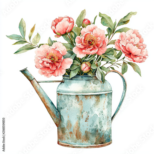 Vintage Watering Can with Beautiful Pink Peonies and Green Leaves
