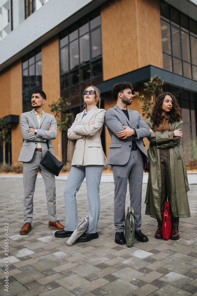 Fototapeta premium A confident business team of four young professionals stands with arms crossed outside a modern office building.