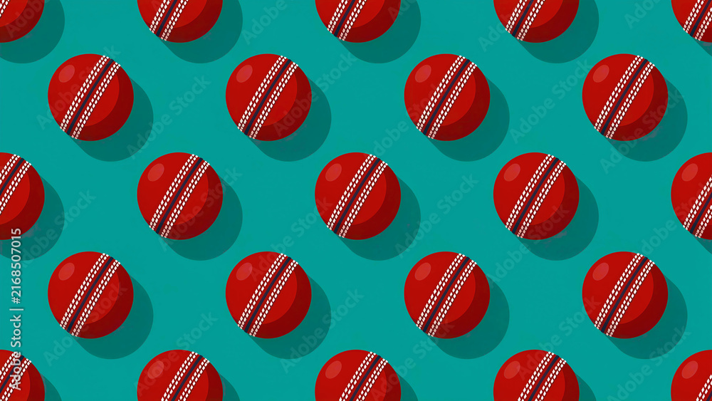 Seamless pattern of red cricket balls on a teal background. Vector illustration of sporting equipment in a repetitive grid layout. Versatile backdrop for sports marketing and textile design.