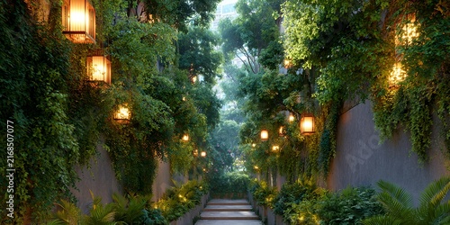Lush green urban alley with vertical garden and warm lights