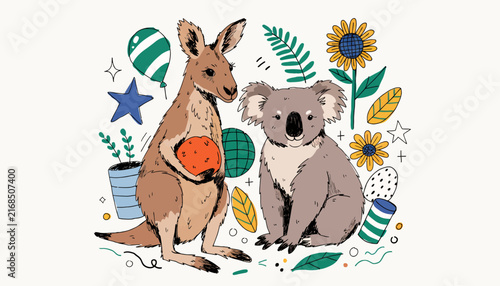 Cute Kangaroo and Koala Cartoon Illustration with Australian Flora and Party Elements on Cream Background
