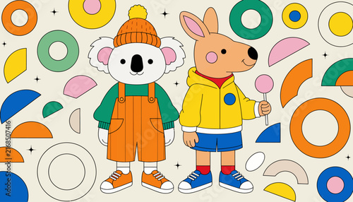 Cute Koala and Kangaroo Characters with Geometric Shapes, Retro Style, Fun Illustration for Kids