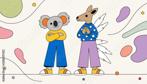 Cute Koala and Kangaroo Characters Standing Together, Australian Animals, Playful Illustration, Friendship Theme