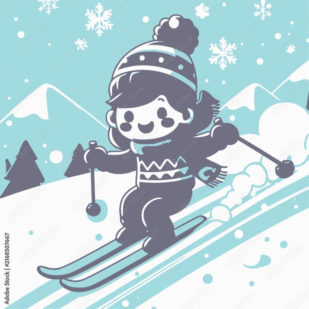 Naklejka premium Person Skiing on Snowy Mountain in Winter Vector Illustration