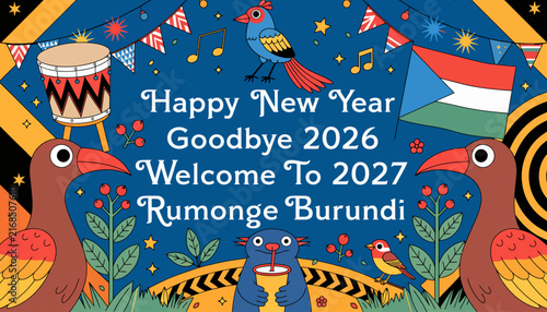 Happy New Year 2027 Rumonge Burundi Celebration with Flags, Drums, and Festive Decorations
