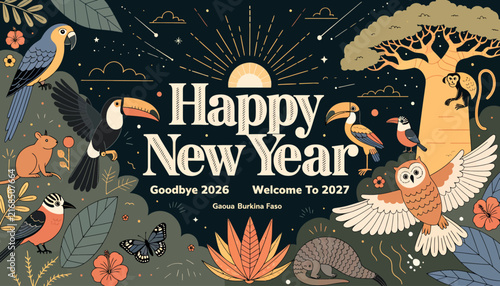 Happy New Year 2027 Wildlife Greeting Card Design - Birds, Animals, Nature, Tropical, Greeting