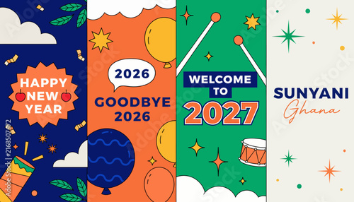 New Year Celebration Graphics: Happy New Year, Goodbye 2026, Welcome 2027, and Sunyani Ghana Greeting Cards