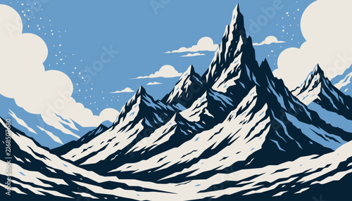 Magnificent Snow-Capped Mountain Peaks Against a Starry Blue Sky, Dramatic Landscape
